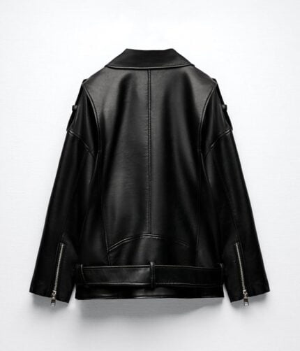 Women 2022 Spring Fashion Black Faux Leather Jacket Ladies Casual Zipper Biker Coat Female Autumn Loose 1